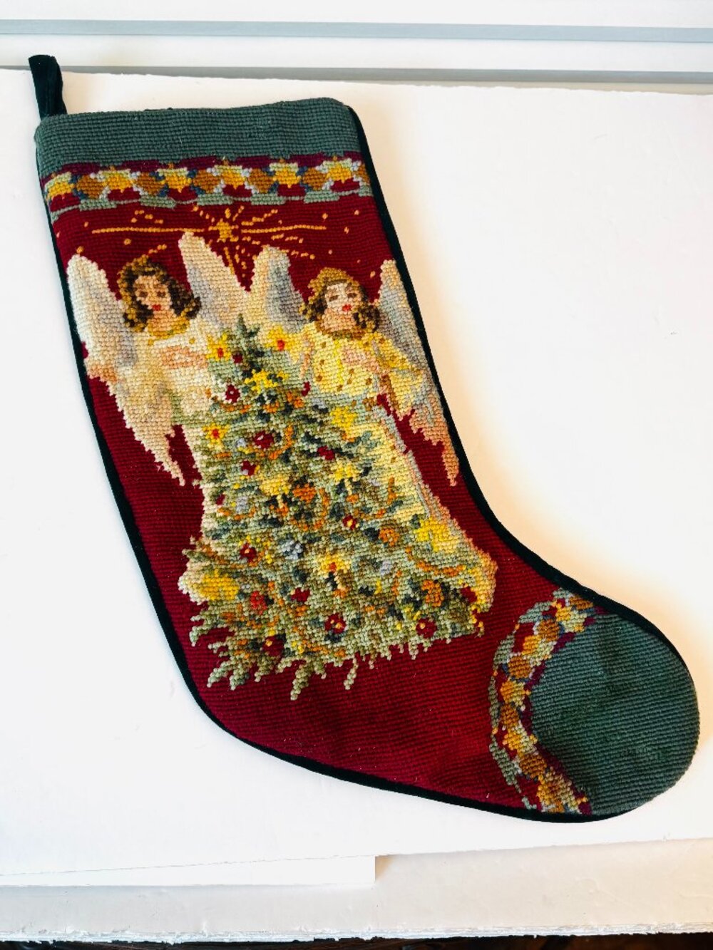 Vtg Wool Needlepoint Christmas Tree Angels Stocking 18" Green Velvet Holiday De